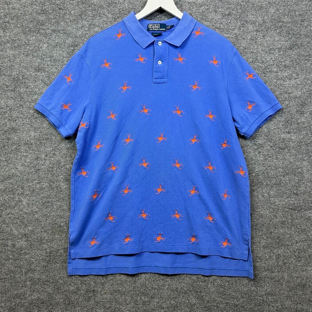 Polo Ralph Lauren Polo Shirt Mens Blue Orange Spider Embroidered Custom Fit - XL